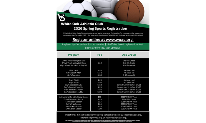 2026 Spring Baseball, Softball, Volleyball, and Soccer Registration is open